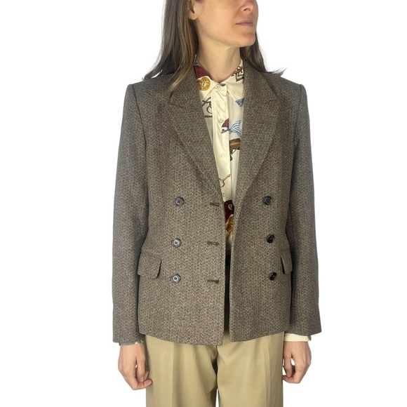 LAURA ASHLEY BRITISH TWEED BROWN DOUBLE BREASTED WOOL BLAZER JACKET - Picture 2 of 14